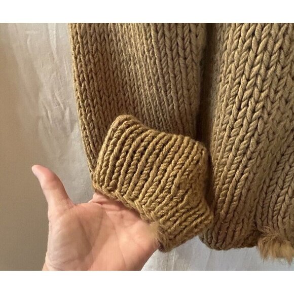 Kenji Natural Chunky Hand Knit Brown Rabbit Fur Trim Pullover Sweater Size XL - Picture 7 of 8